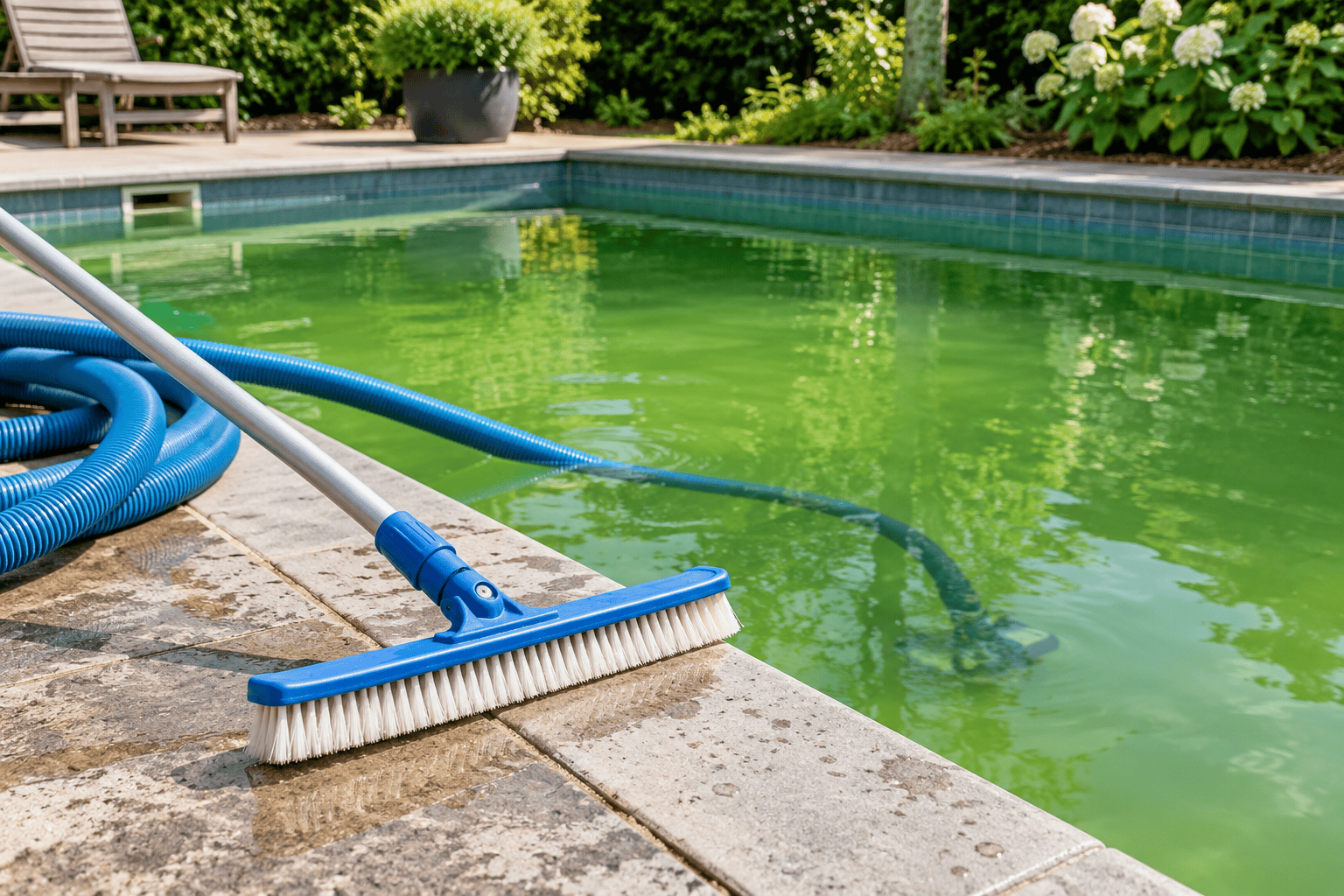 Zwembadborstel en slang naast een zwembad met groen water